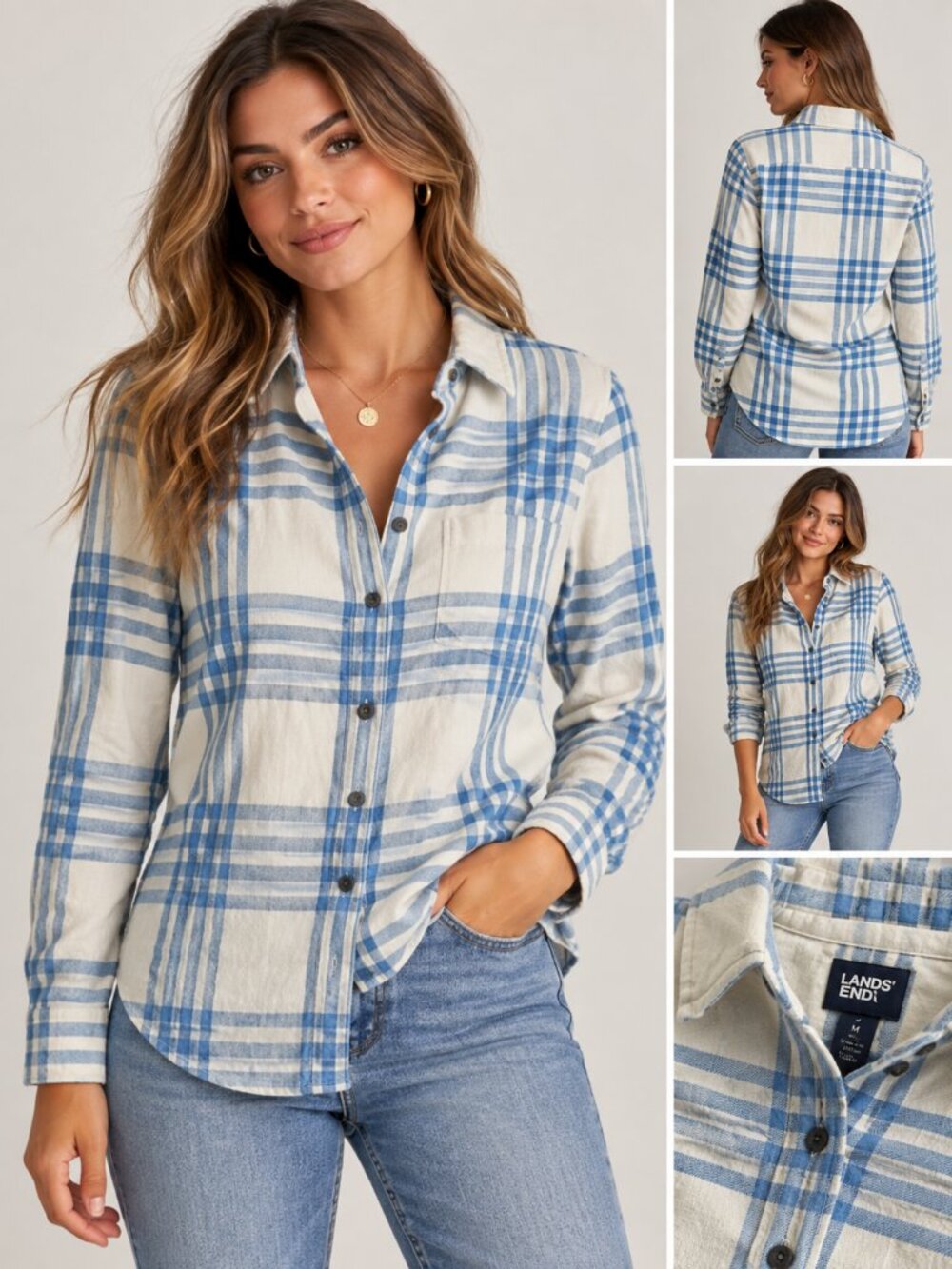 Lands’ End Women’s Flannel Shirt Medium Blue White Plaid Button Down